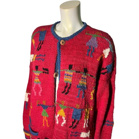 Amiano Handknit Bolivia Wool Cardigan Red Folk Art Sweater Vintage - Picture 6 of 9